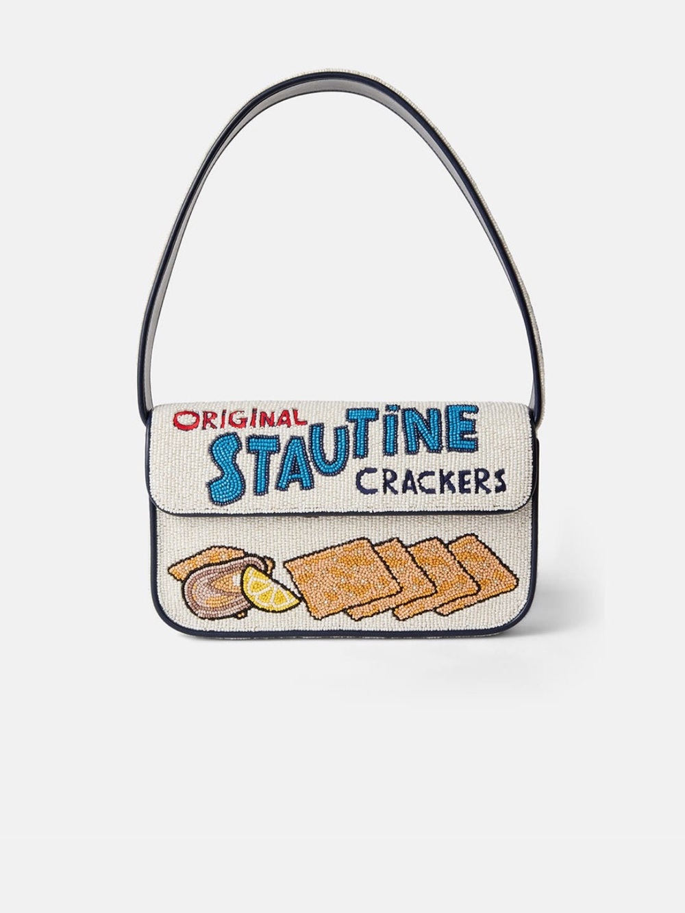 STAUD Beaded 'Stautine Crackers' Shoulder Bag in Cream and Blue